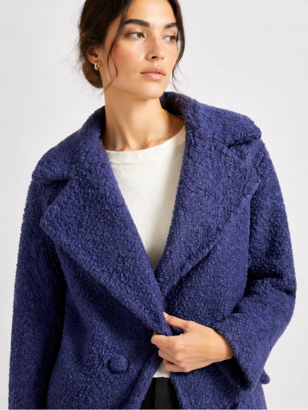 Molly Bracken Textured Bouclé Coat Blue Oversized Shawl Collar French Girl